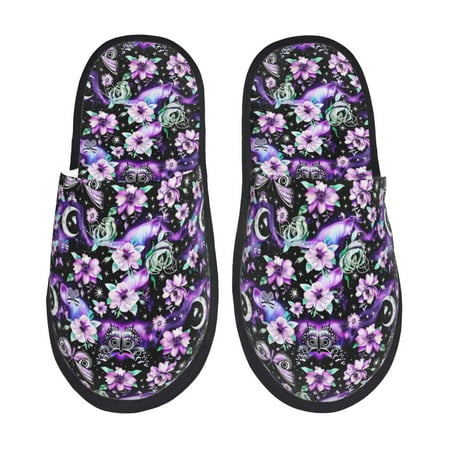Balery Pink purple rainbow flower butterfly Slient Indoor Furry Fleece Comfort House Shoes Soft Non-Slip Home Shoes Cotton slippers House Slippers-- Medium