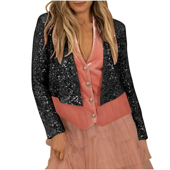 Perfectbot Womens Crop Cardigans Sequin Open Front Long Sleeve Glitter Blazer Shrugs for Dresses