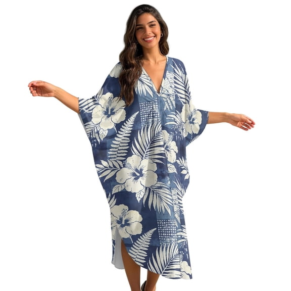 DISNIMO Kaftan Dresses for Women Palm Tree Hibiscus Print Plus Size Loose Fit Swimsuit Cover Ups V Neck Batwing Sleeve Caftan Dress Long Swimsuit Coverups