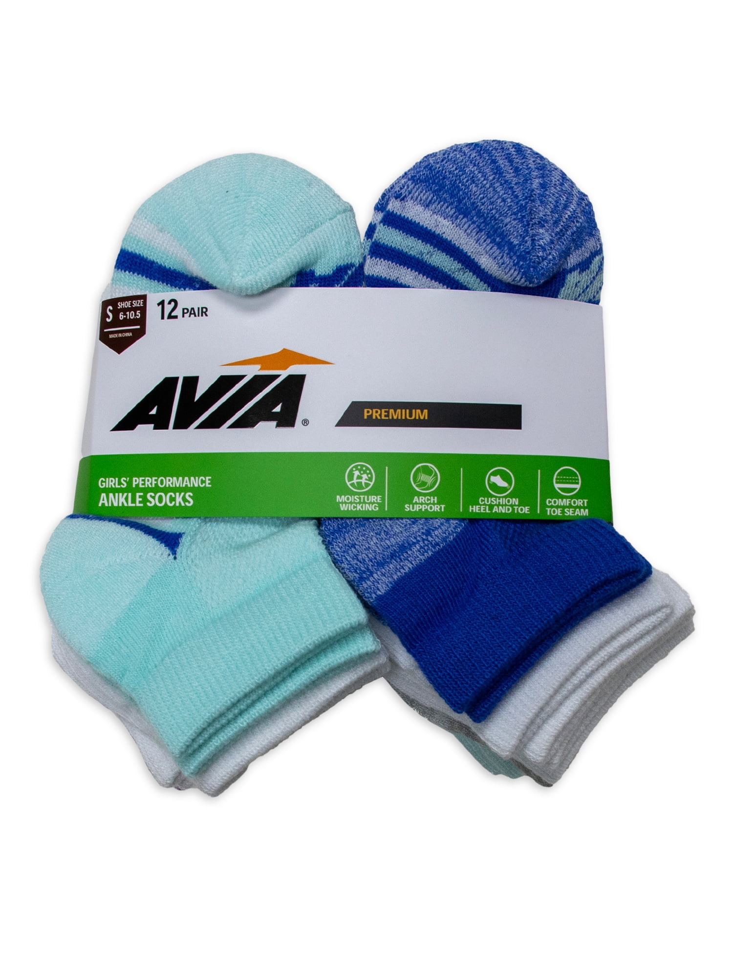 Avia Girls Performance Cushioned Ankle Socks, 12-Pack, Sizes S-L