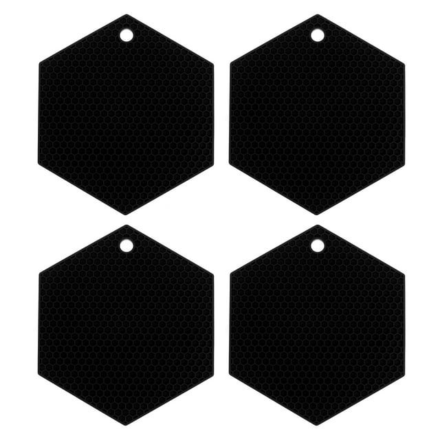 Paquete de 4 manteles de trivet de silicona, almohadilla de silicona hexagonal, protectores de sartén, tapete resistente al calor, negro