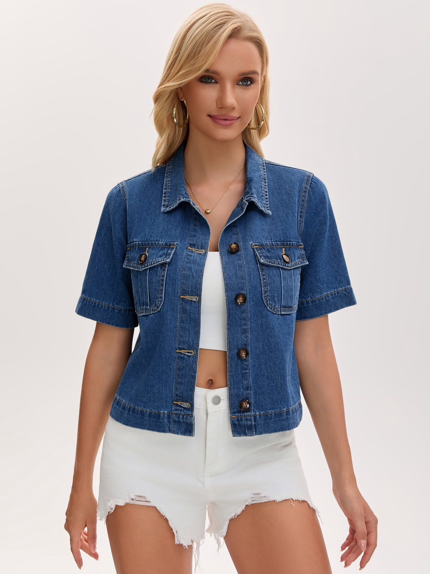 DARING DIVA Women's Button Down Casual Short Sleeve Denim Shirt With Pockets 2XL Blue