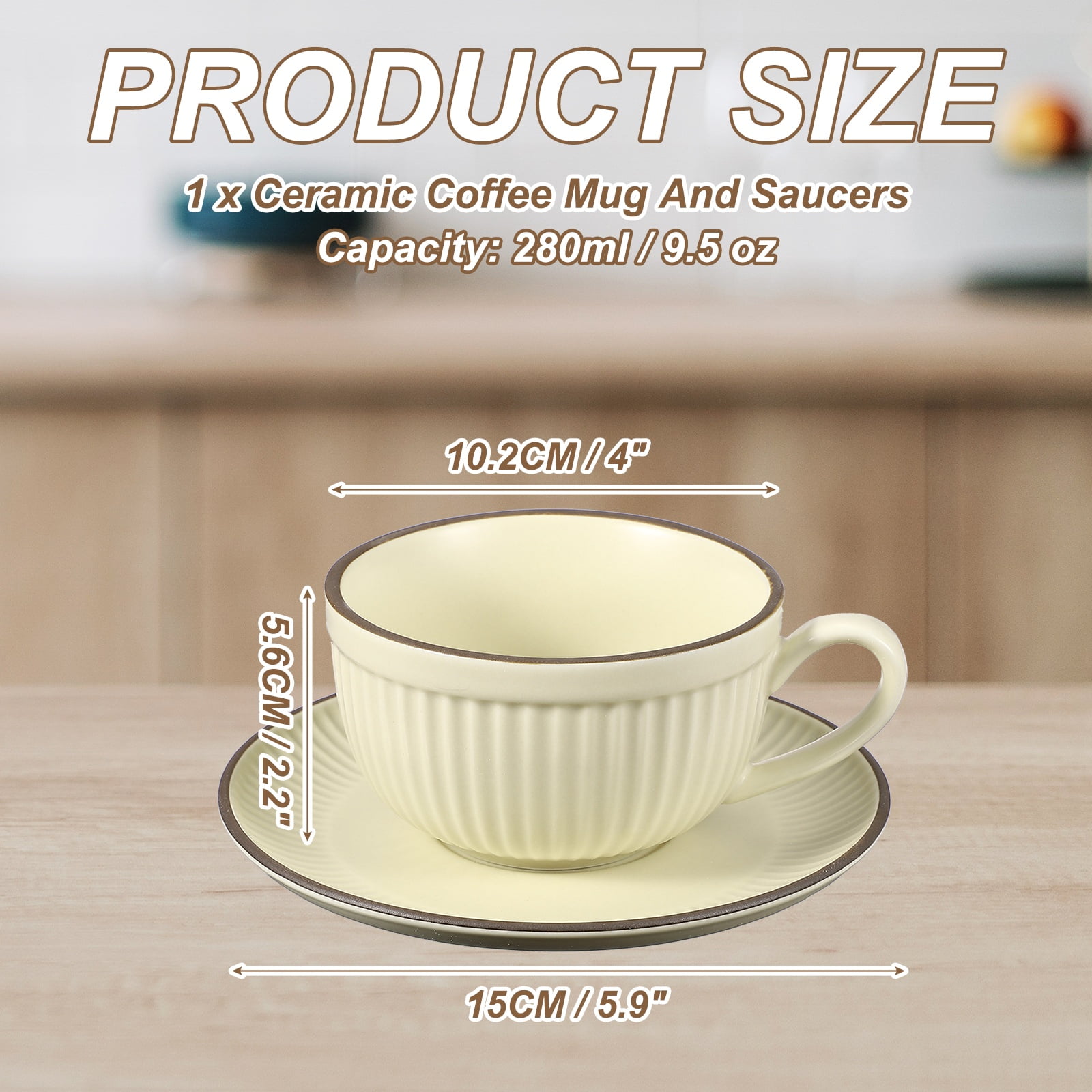 Uxcell Handmade Vintage Espresso Cups, 9.5 oz Stripe Coffee Cups and Saucers Ceramic Tea Cup with Handle Dishwasher and Microwave Safe for Latte Cappuccino Milk Office Home Gifts, Beige