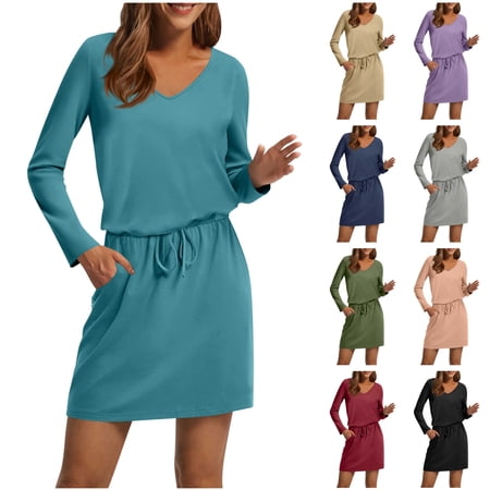 BiZtdJrK Womens Summer V Neck Dresses Long Sleeve Drawstring Cinched Waist Mini Dress Solid Color Casual A Line Tshirt Dresses Pink M