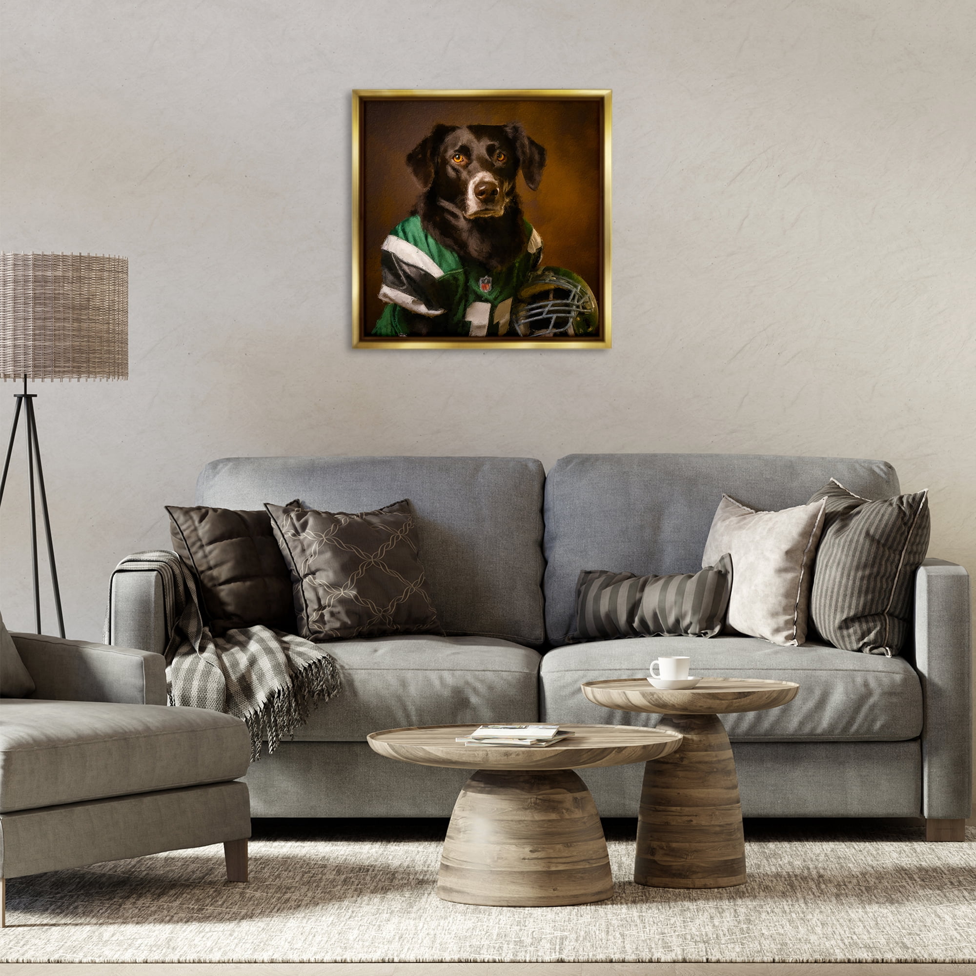 Stupell Industries Football Star Dog Animals Painting Gold Floater Framed Canvas Art Print Wall Art, 25 x 25