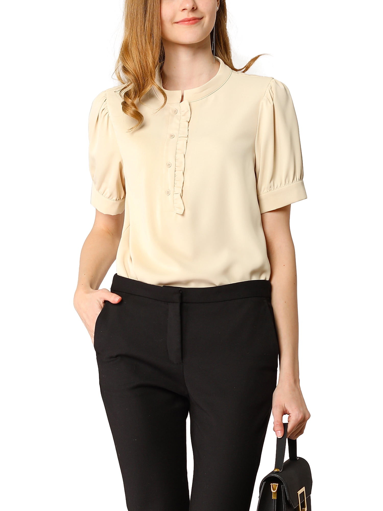 DARING DIVA Ruffled Half Button Placket Short Sleeves Work Top L Apricot