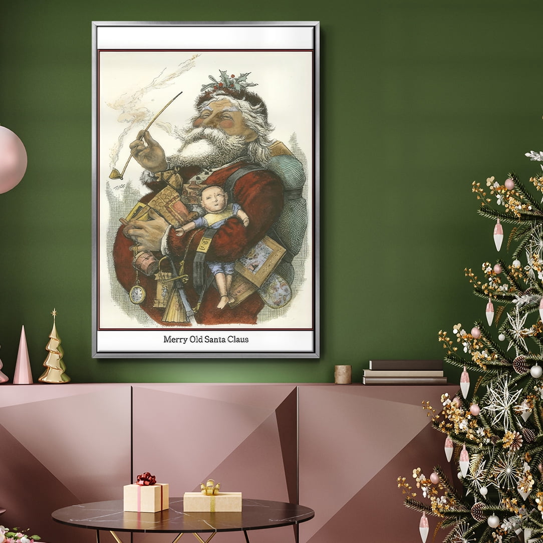 Merry Santa - Framed Gallery Wrapped Holiday Canvas - 27 x 41 - Silver Frame