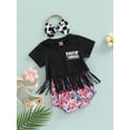 thumbnail image 3 of Baby Girl 3Pcs Summer Outfits, Short Sleeve Tassel T-Shirt + Printed Shorts + Headband Set, 3 of 8