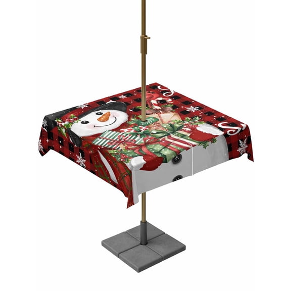 Outdoor Tablecloth with Umbrella Hole and Zipper, Red Plaid Christmas Snowman Square Table Cloth 54x54 Inch Waterproof Tablecloth, Xmas Botanical Birds Snowflake Picnic Table Cover for Patio Camping