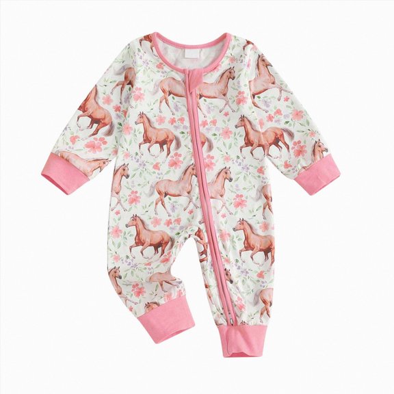 larppty Western Baby Girl Clothes Horse Print Cow Romper Zipper Long Sleeve Jumpsuit Infant Cowgirl Outfit Summer Clothes