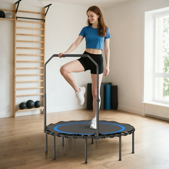 Soozier 45" Rebounder Trampoline for Adults, Foldable Mini Trampoline with Adjustable Handle Bar, Bungee Rebounder Jumping Cardio Trainer, Blue