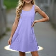 thumbnail image 2 of Fesfesfes Girls'Summer Solid Color Short Sleeve Crew Neck Elastic Waistband Dress with Pockets Casual Comfortable Cotton Blend Dress for Kids(Purple,11 Years), 2 of 9