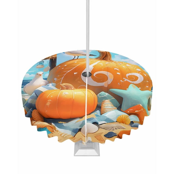 Fsddascl Coastal Pumpkins Outdoor Tablecloth - 60 Inch Round Dining Table Cover, Fall Nautical Starfish Beach Waterproof Outdoor Table Cloth with Umbrella Hole & Zipper for Picnic/Patio/Party