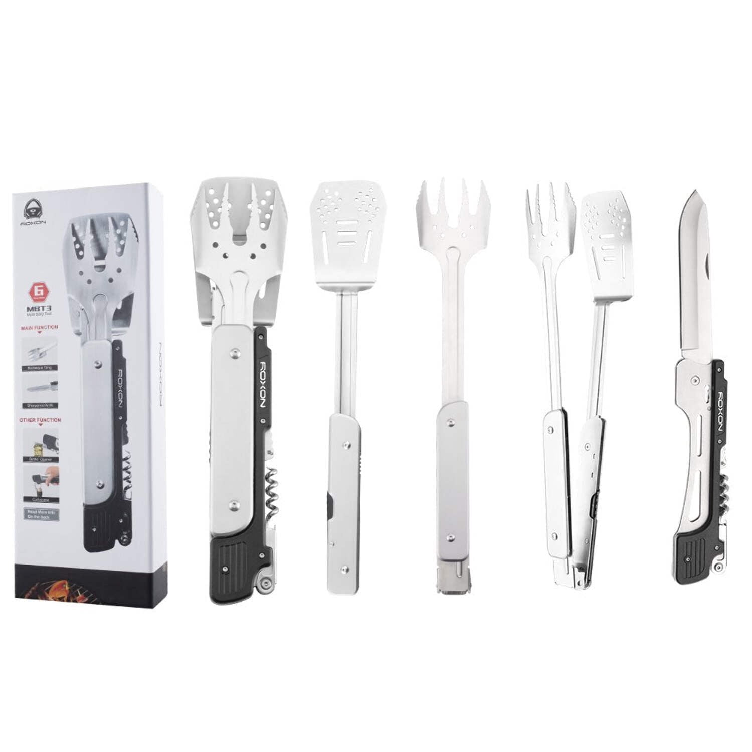 Roxon 6-in-1 Collapsible Grill Multitool - Fork, Spatula, Corkscrew, Knife, Tong for Outdoor Grilling