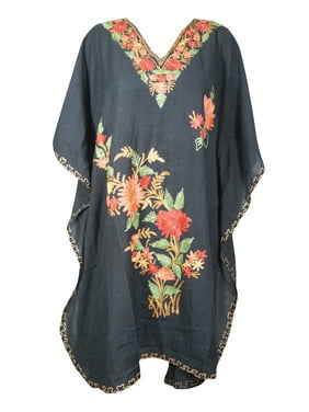 Mogul Women Black Floral Embroidered Tunic Kaftan Dress Kimono Resort Wear Fall Fashion Short Caftan 3XL