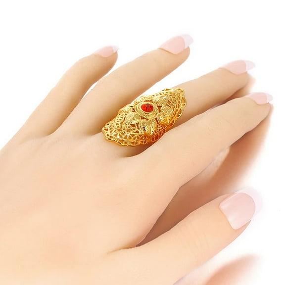 New Ethiopian Red Stone Wedding Ring for Women 14K Yellow Gold Ring Eritrea Africa Fashion Ring Middle East Jewelry