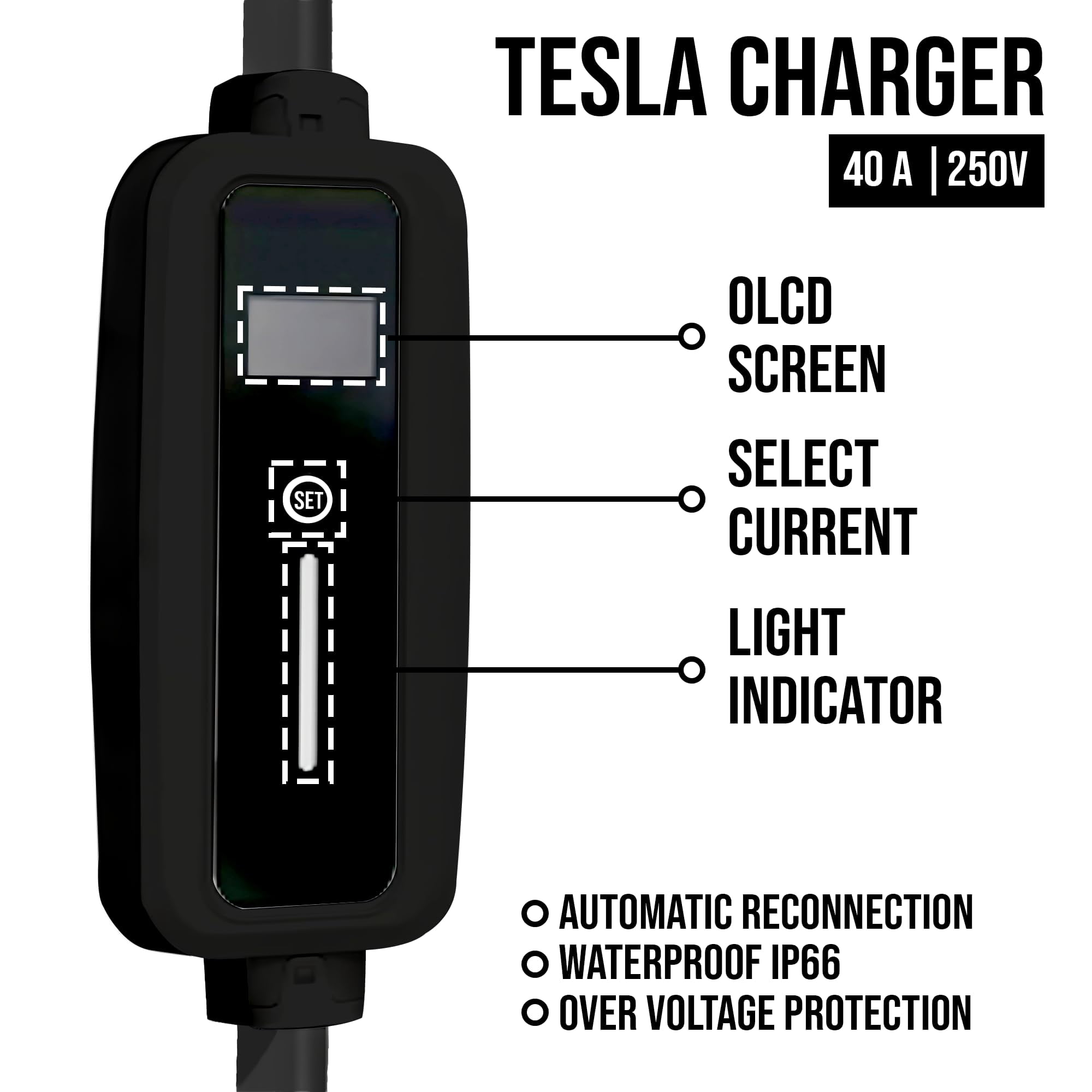 Tesla Mobile Charger 40A / 32A / 16A Up to 30 mi/h with Scheduled Charging, Level 2 NEMA 14-50, J1772 Adapter, Portable EV Fast Charging Station Connector for Model 3, Y, S, X by Elecktrik (40 Amp)