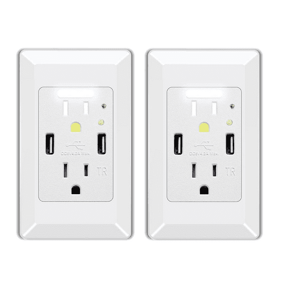 Night Light Outlet,NineLeaf 4.2A High Speed Duplex Receptacle with 2 USB Electrical ,Auto Nightlight Sensor and Wall Plates for Home Office Dorm Room,White,2 Pack