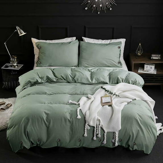 HGmart Duvet Cover Washed Cotton Duvet Cover Set Comforter Quilt Bedding Cover, 3 Piece - 1 Duvet Cover 2 Pillow cases, Solid Button Design, Pea Green, Queen