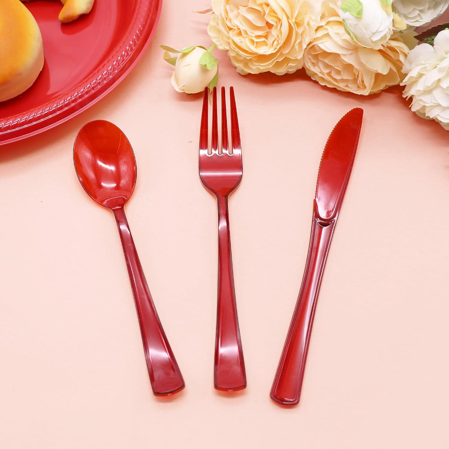 150 Pack Red Plastic Silverware, Red Utensils Heavy Duty, Disposable Plastic Cutlery Include 50 Forks, 50 Spoons, 50 Knives for Birthday, Party, Christmas, New Year