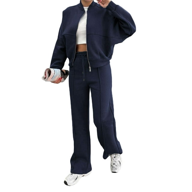 Lounge Sets for Women Sweatsuit 2 Piece Outfits Sweatshirt Wide Leg Sweatpant Tracksuit Matching Set Dark Blue XXL