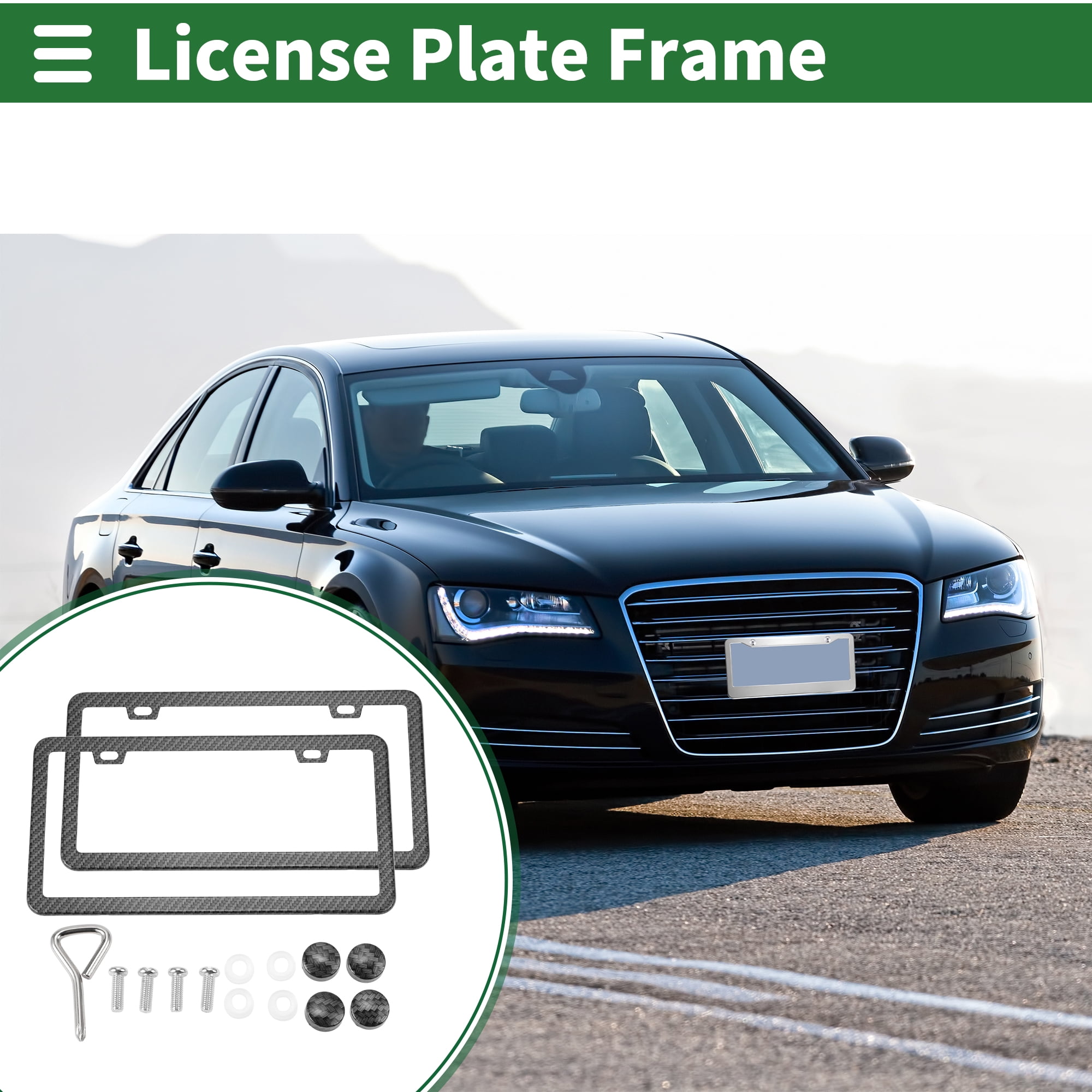 Unique Bargains 1Set Stainless Car License Plate Holder With Screws 2 Hole Black Carbon