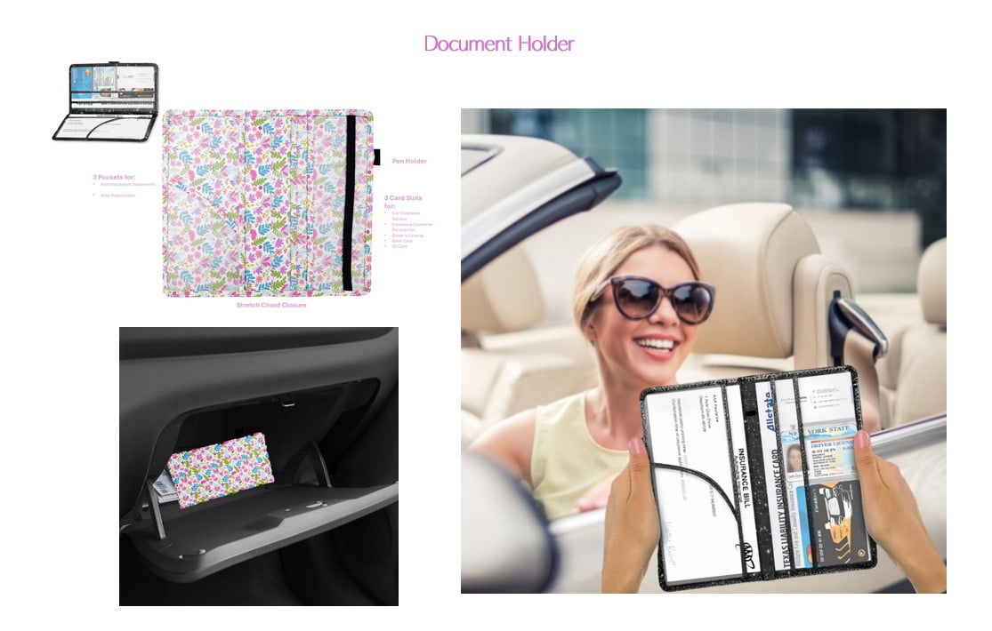 Women's Spring Floral Car Accessory Set with Document Holder, Collapsible Trashcan, and 4 Mirror Decal Stickers
