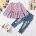 thumbnail image 3 of 12 Months Toddler Baby Girls Clothes Baby Girls Outfits 12-18 Months Girls Long Sleeve Solid Color Top Jeans Pants 2PCS Set Purple, 3 of 7