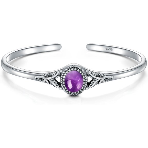 THOYAS 925 Sterling Silver Real Amethyst Bracelet Cuff for Women Southwest Style Genuine 8x10MM Oval Purple Crystal Jewelry fit Size 6 to 8 Inch