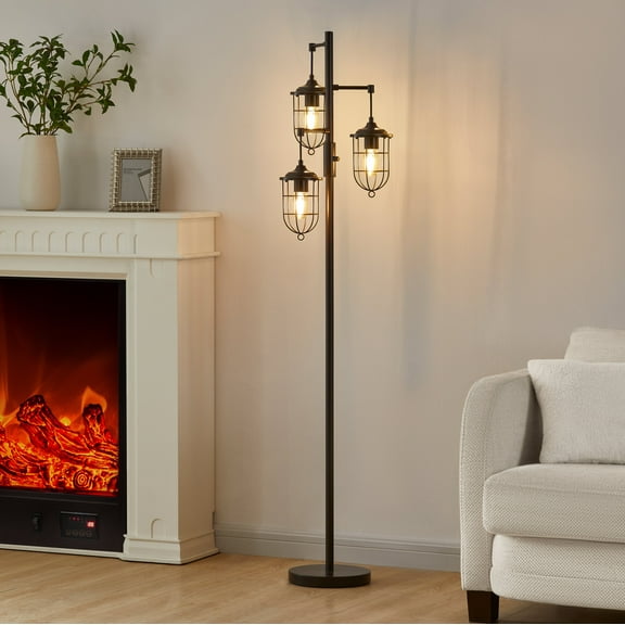 KAWOTI 64.75 in. Industrial Bronze Lantern Floor Lamp with Shades and Bulbs 3 Light
