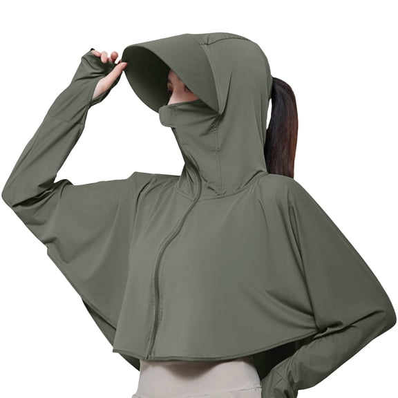 Women's Ice Silk UV Sun Protection Hoodie Hole Zip Up Jacket Thin Breathable Loose Fit Cycling Sun Clothing Lightweight Long Sleeve Sunshirt Wrinkle Resistant Windproof Skin Friendly Coat