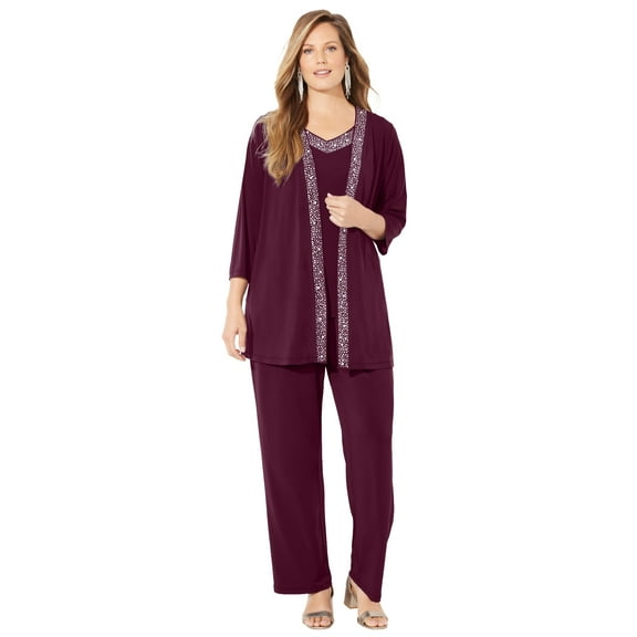 Catherines Women's Plus Size Petite Beaded 3-Piece Cardigan Pant Suit