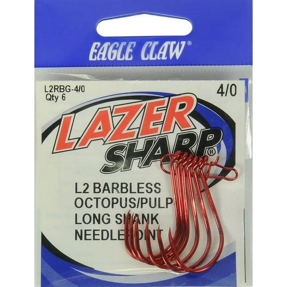 Lazer Sharp L2RBGH-4/0 Barbless Octopus Long Shank Hook, Red, Size 4/0