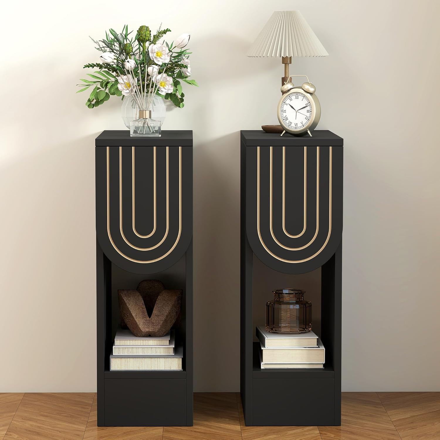 Narrow Nightstands Set of 2 Black Bedside Table with Carved Drawer and Storage Shelf Mid-Century Modern Slim Side End Table for Bedroom Compact Space Wooden Small Night Stand (2 Black)