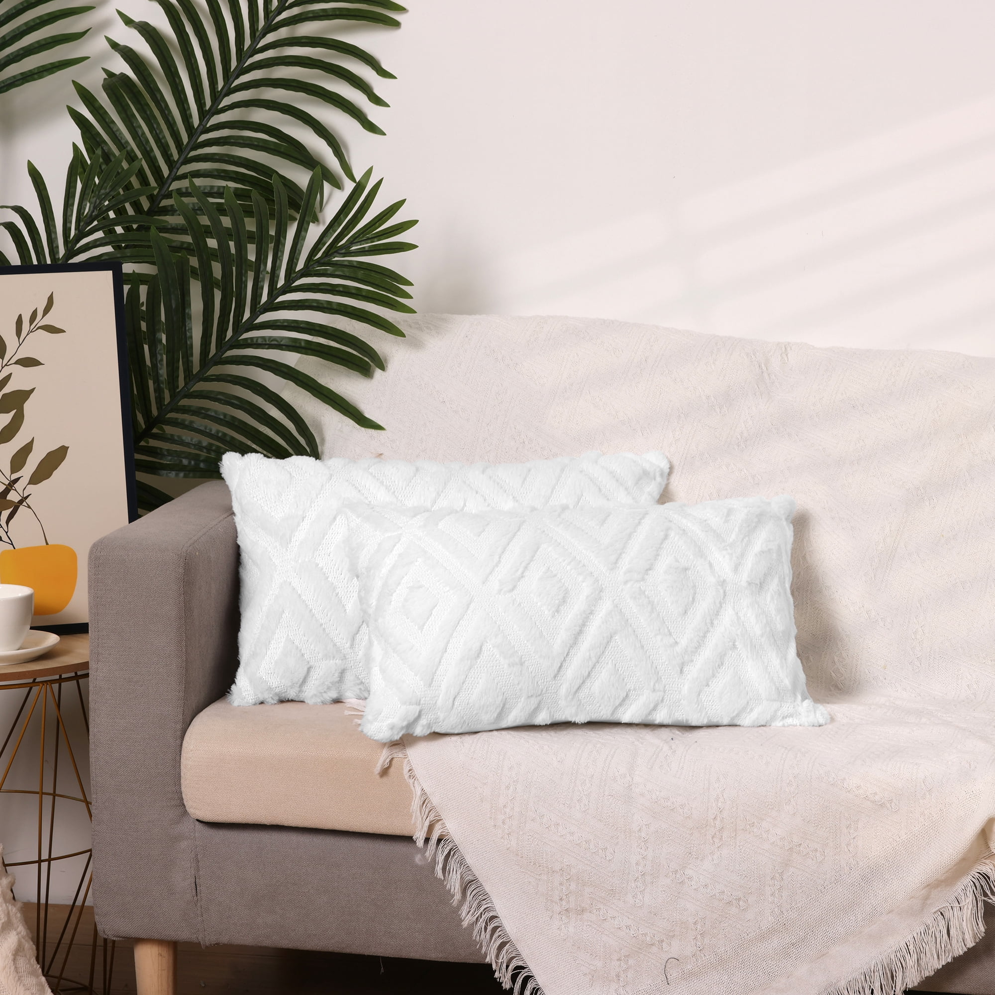 Unique Bargains Shaggy Plush Throw Pillow Covers Couch Pillow Covers (2 Count) White-1 12" x 20"