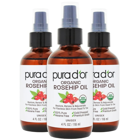 PURA D'OR ORGANIC Rosehip Seed Oil Hair Relaxer (4 Oz x3 = 12 Oz) 100% Pure Cold Pressed USDA Certified All Natural Anti-Aging, Scar Treatment, Gua S