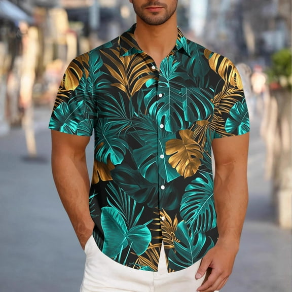 Men's Hawaiian Shirts Short Sleeve Green Pocket Under $10 Casual Fashion Turndown Collar Printing Short Sleeve Button Shirt Blouse