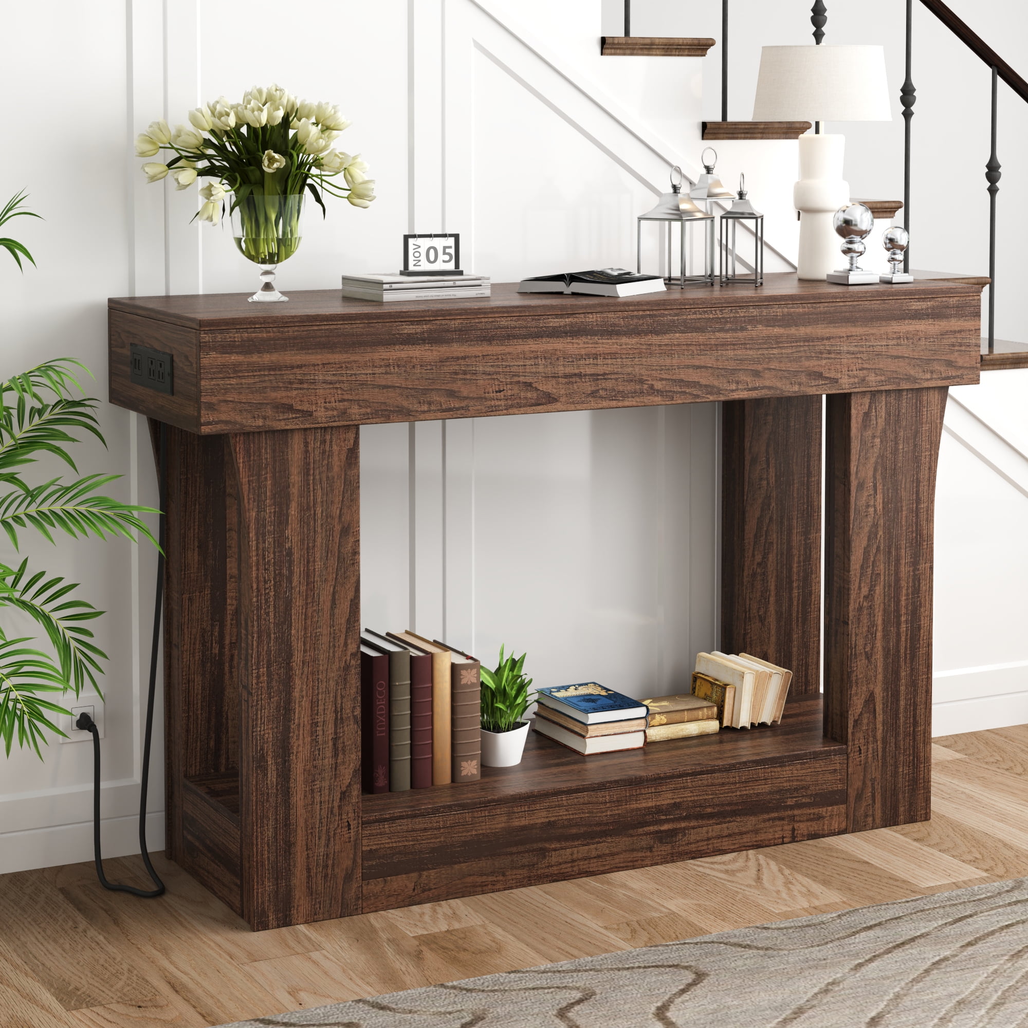 47" Long Console Table for Entryway with Charging Station, Wooden Foyer Hallway Table, Industrial Console Sofa Table for Living Room, Brown