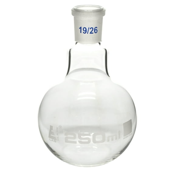 Boiling Flask with 19/26 Joint, 250ml Capacity, Flat Bottom, Interchangeable Screw Thread Joint, Borosilicate Glass - Eisco Labs