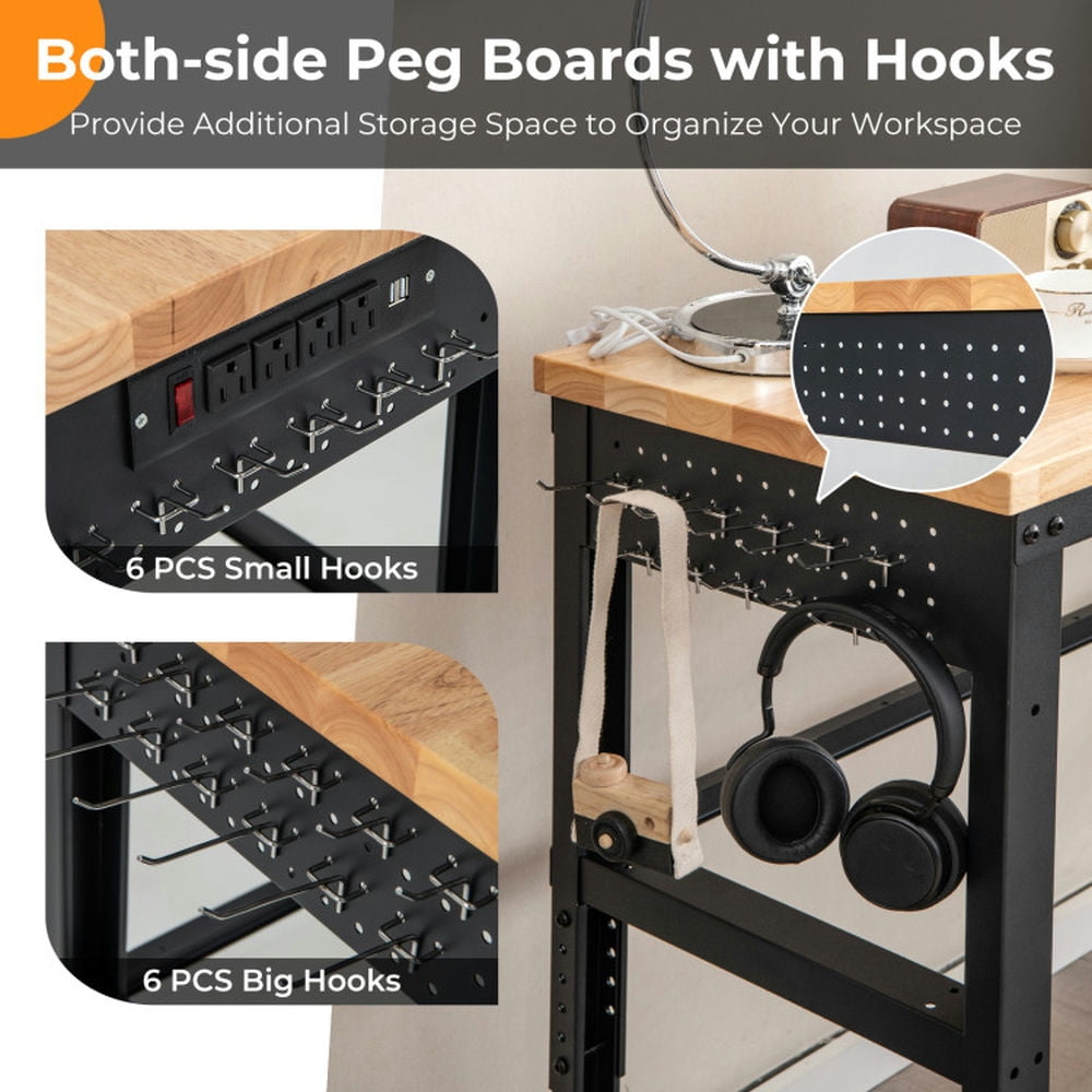 Demi Bonn 53" Adjustable Heavy-Duty Workbench with Rubber Wood Top for Home Office Sturdy Writing Workstation, Brown