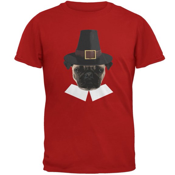 Thanksgiving Funny Pug Pilgrim Red Adult T-Shirt - X-Large