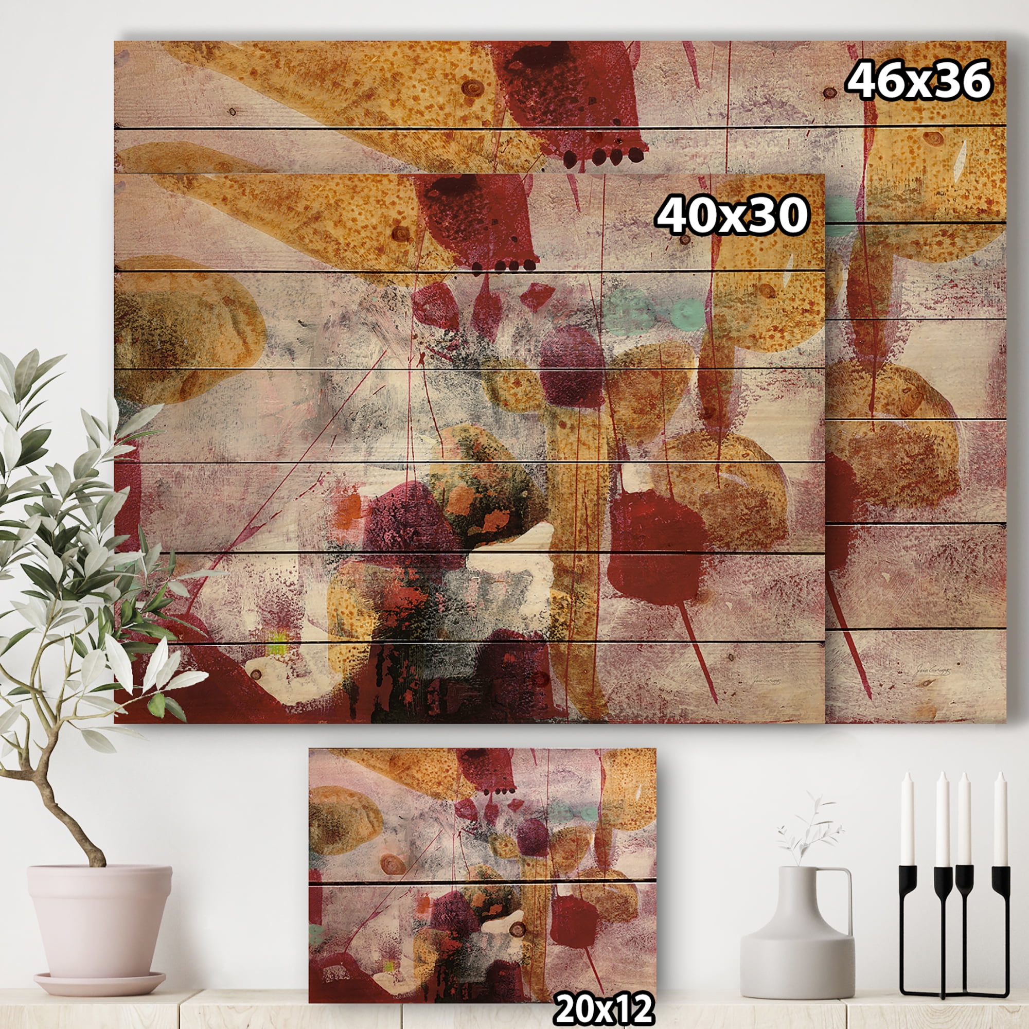 Designart 'Abstract Watercolor with Yellow and Red' Contemporary Print on Natural Pine Wood