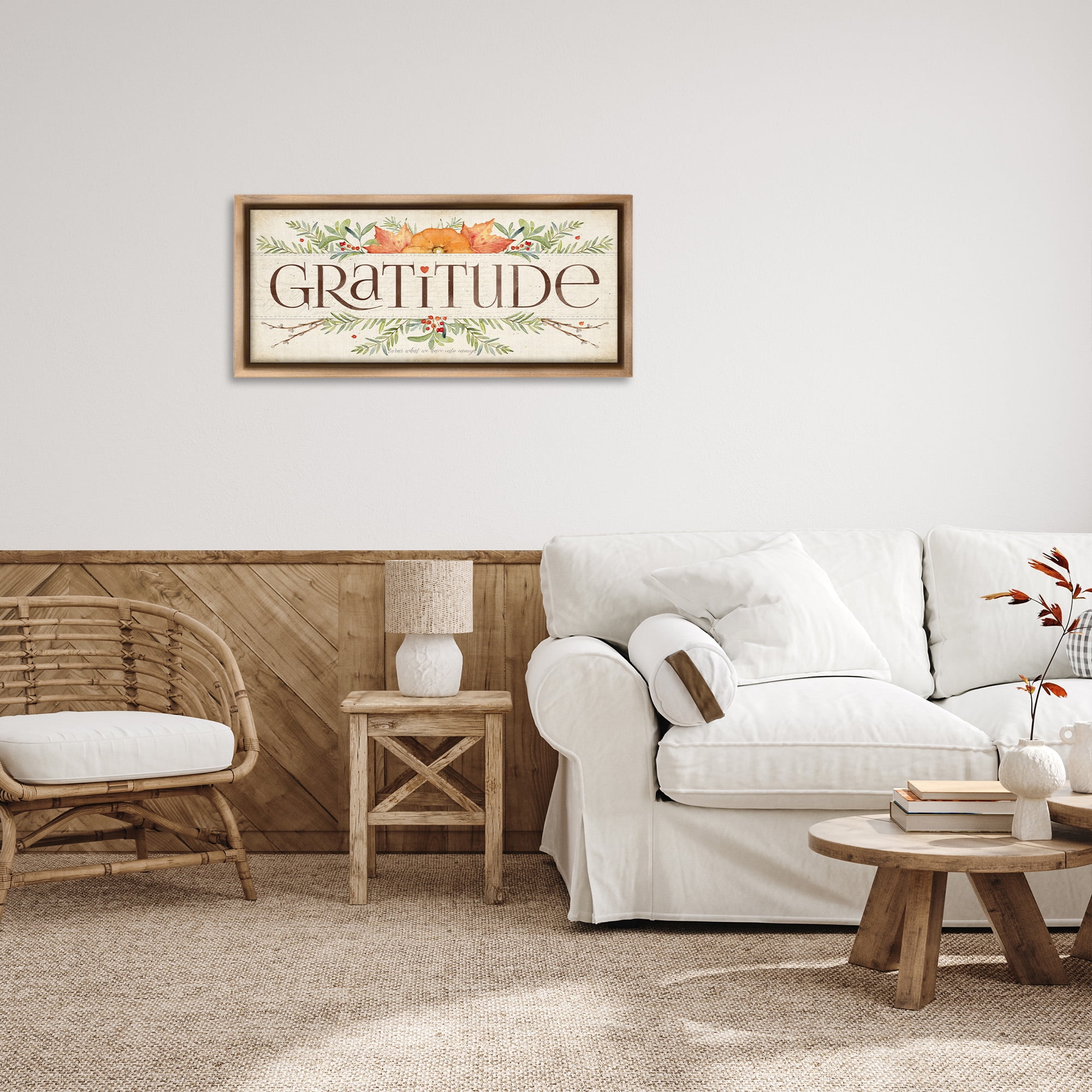 Stupell Industries Seasonal Gratitude Floral Leaves Typography Painting Brown Floater Framed Canvas Art Print Wall Art, 31 x 14