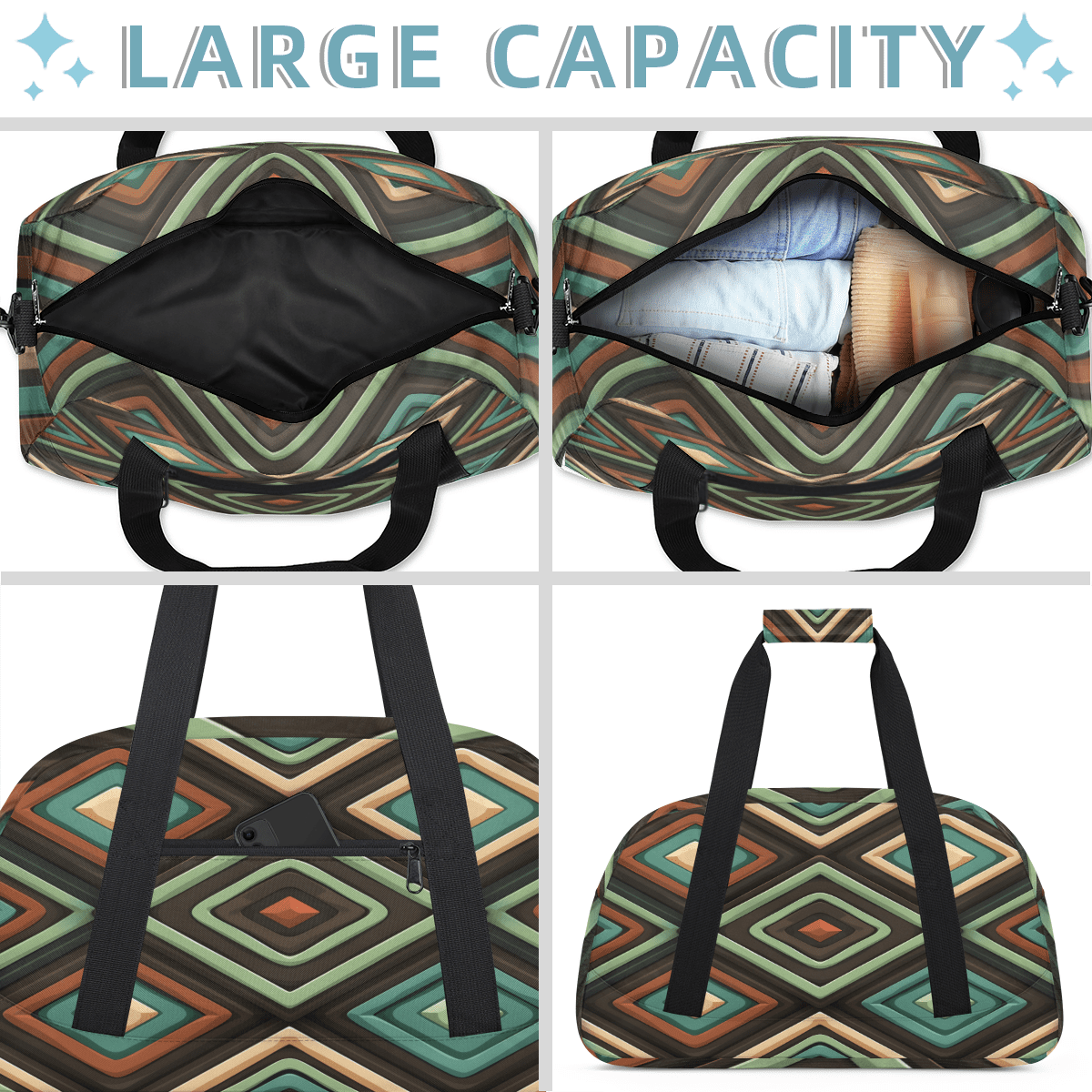 Herdesigns Geometric Shapes Sports Duffle Bag for Women & Men, Mid Century Modern Gym Bag Dance Bag Overnight Bag Carry On Weekender Travel Bag