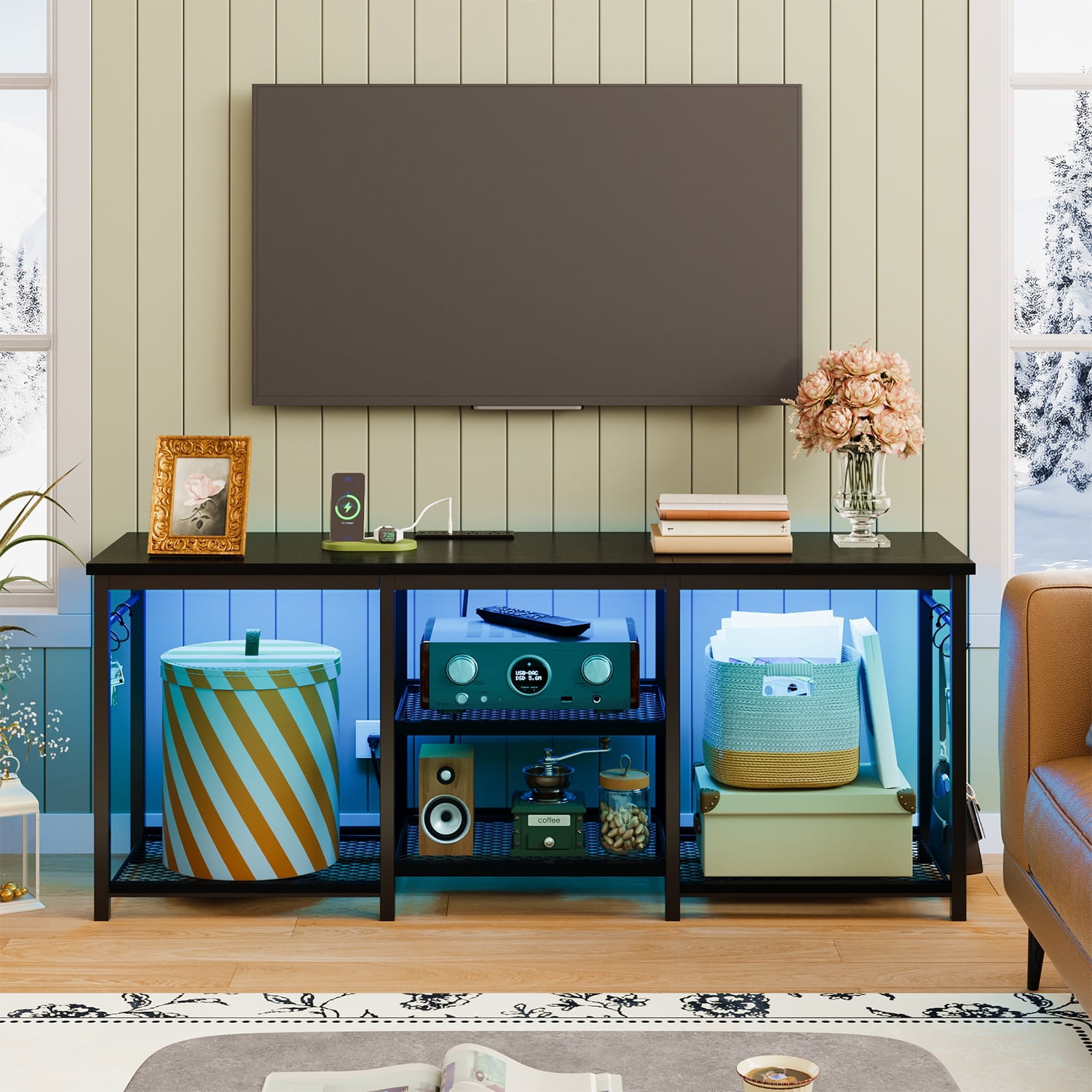 Tomnk TV Stand for 55 Inch TVs, Entertainment Center with Charging Station and Lights, Open Storage Shelves with Sound Rack, Media Console for Living Room and Bedroom, Black