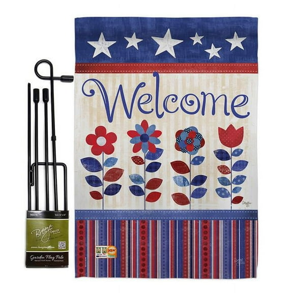 Breeze Decor BD-PA-GS-111056-IP-BO-D-US12-PL 13 x 18.5 in. Welcome Patriotic Americana Vertical Double Sided Mini Garden Flag Set with Banner Pole