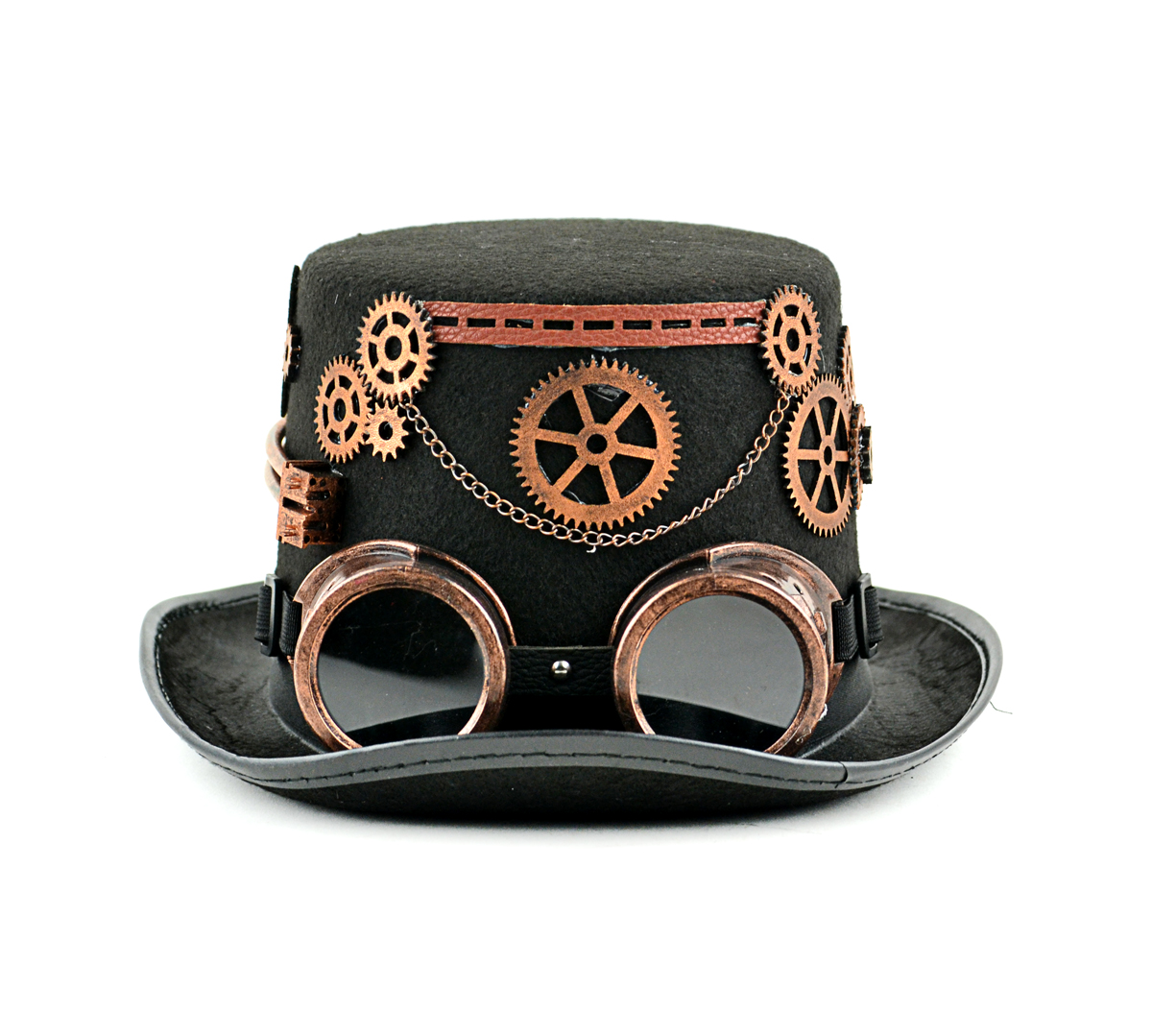 11.5” Black Steam Punk Top Hat with Copper Goggles