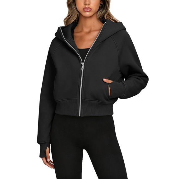 Women Hoodies Solid Long Sleeve Sweatshirt Casual Zip Up Cropped Pullover Tops Fleece Lined Winter