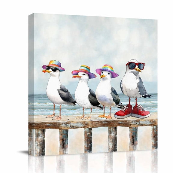 Beach Seagull Canvas Wall Art for Living Room, Nautical Watercolor Ocean Seagull with Sunglasses Sneakers Wall Decor Framed Artwork Pictures Ready to Hang for Bedroom Office Home Decor