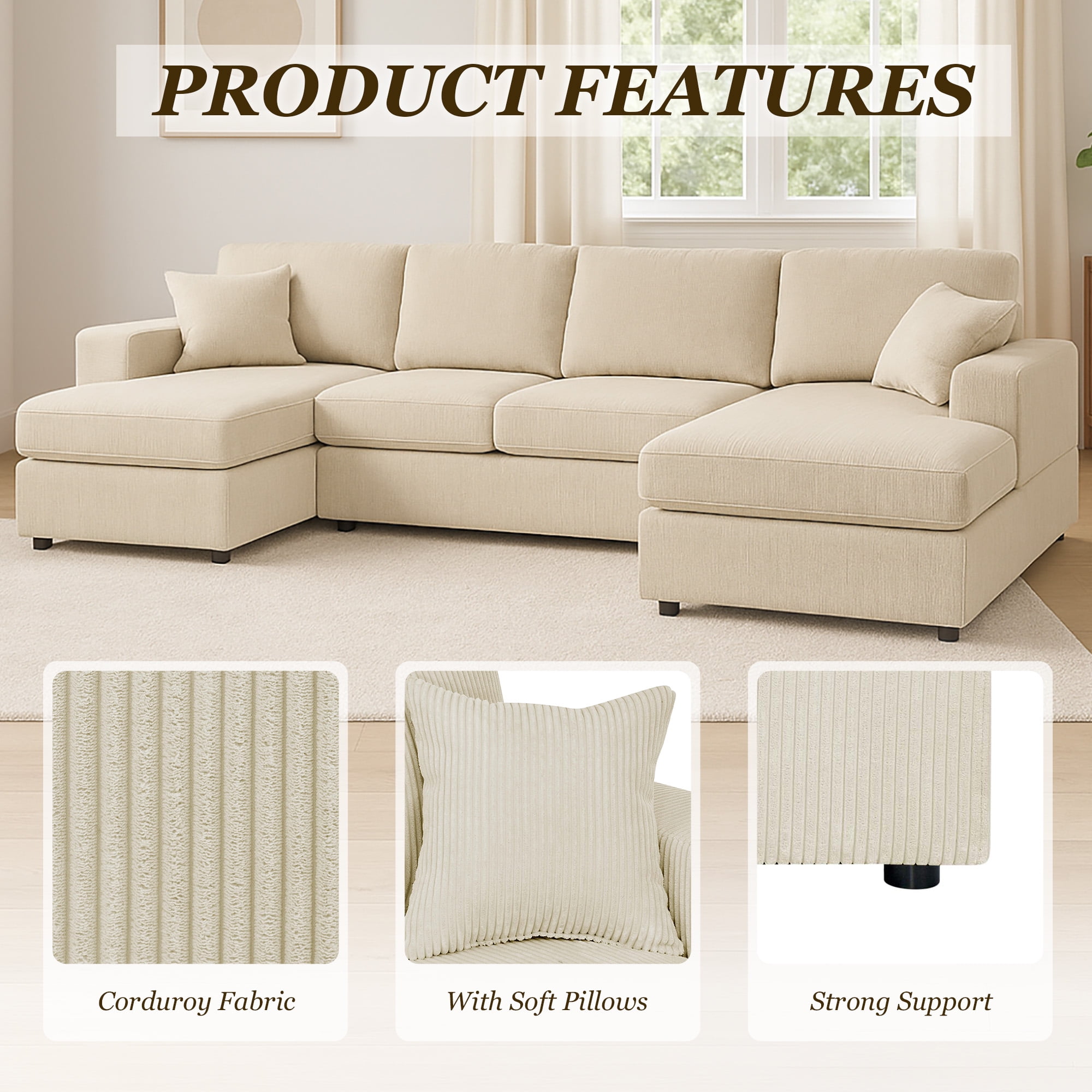 MOONMISS Sectional Sofas with Double Chaise, U-Shaped Cloud Comfy Couches for Living Room, 4 Seats, Beige